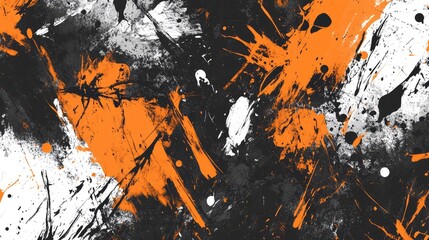 Bold strokes of black and white layered with splashes of bright orange, forming a chaotic, unsettling Halloween-themed abstract design.