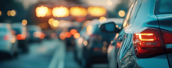Fototapeta premium Traffic jam on city street at dusk, with close-up of car lights and blurred background.