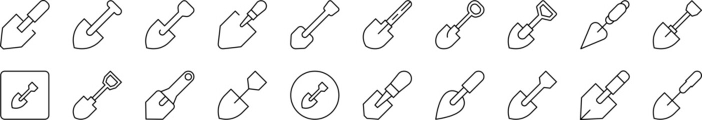 Shovel Set of Thin Icons. Editable Stroke. Suitable for Web Sites, Books, Cards, Apps
