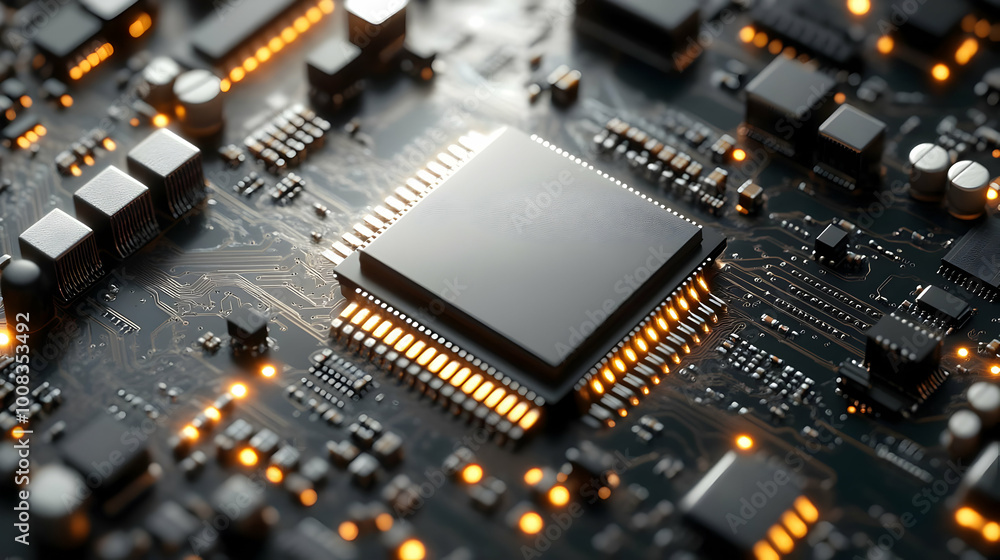 Poster 3d render of a circuit board with a cpu and glowing lights