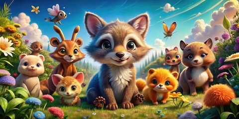 Naklejka premium Adorable Cartoon Animals and Characters in Fun Settings for Kids' Books and Creative Projects