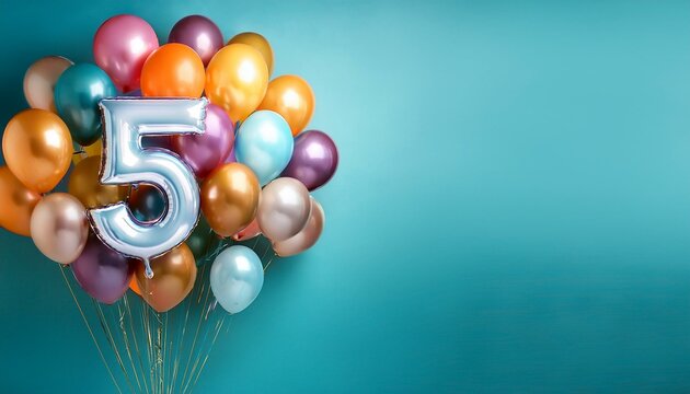 Banner with number 5 colorful balloons with copy space