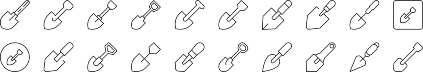 Shovel Related Line Icons for Web Sites, Books, Cards, Apps. Editable Stroke. Suitable for Web Sites, Books, Cards, Apps