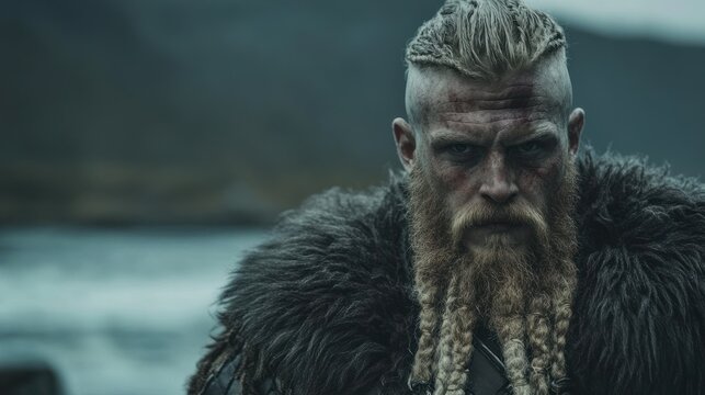Portrait of a viking warrior with a long braided beard, looking intensely at the camera.