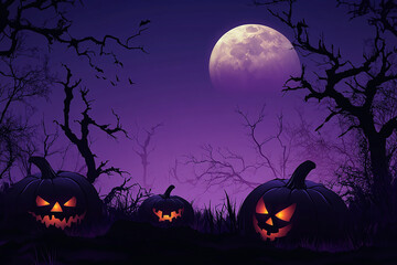 Spooky Halloween Night with Glowing Jack-o'-Lanterns and Full Moon in Dark Forest"