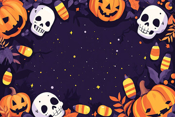 Festive Halloween Background with Pumpkins, Skulls, and Candy Corn - Cute Cartoon Style