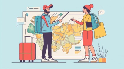 Travel agency web concept. Operator helps client to choose tourist tour at map scene. Banner template with flat line characters design. Vector illustration for social media promotional materials