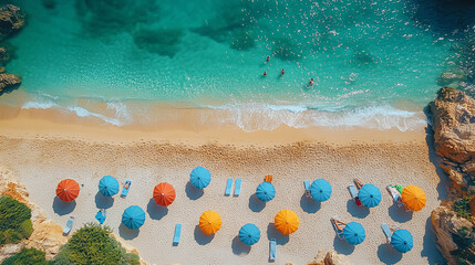 Aerial View of Tropical Beach with Colorful Umbrellas and Clear Turquoise Water in a Serene and Inviting Vacation Scene