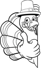 A turkey pilgrim hat Thanksgiving cartoon bird Christmas mascot peeking around a sign with copy space
