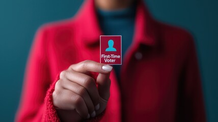 A person holds a voter registration card labeled "First-Time Voter" while wearing a red coat against a blue background.