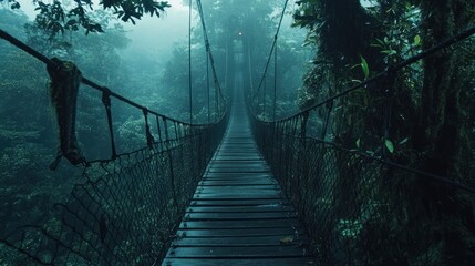 A wooden bridge with metal cables leading into a misty jungle, viewed from the middle of the bridge, with green trees on both sides and a distant, faint light.