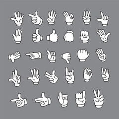 set of comic hand character element stock. outline black hand sign or symbol. one, two, three, four, peace, five, thumb, like hand