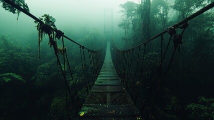Fototapeta premium A suspension bridge stretching into the misty rainforest.