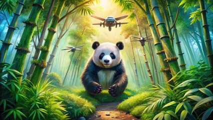 Obraz premium Adorable Watercolor Panda Illustration Surrounded by Bamboo and Vibrant Nature Elements in Art Style