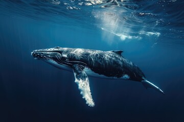 Fototapeta premium Humpback Whale Underwater in Majestic Ocean Depths with Sunlight Rays