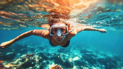 Naklejka premium Underwater view of a woman with a snorkel and mask swimming in the sea.