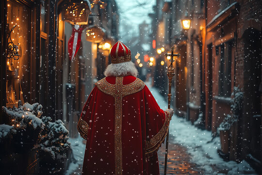 Saint Nicholas in Traditional Costume on Snowy European Street  