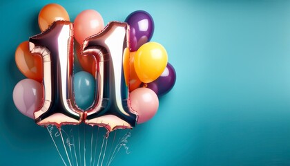 Banner with number 11 colorful balloons with copy space