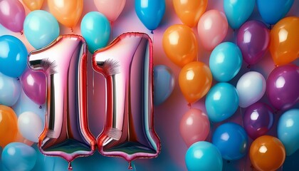 Banner with number 11 colorful balloons with copy space