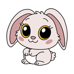 Zodiac Chinese rabbit animal of New Year sign icon. Asian kawaii cute style isolated illustration of mascot bunny. Adorable pink hare with big eyes stay and smiling on the white background.