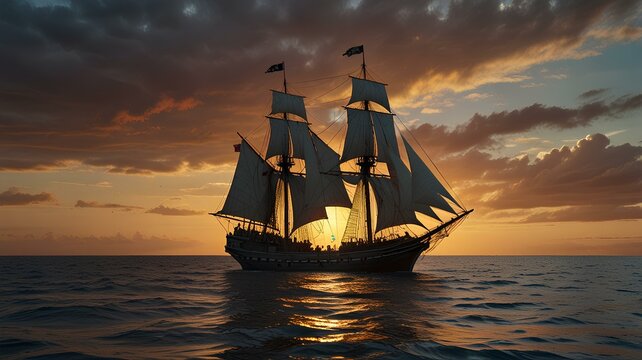 Ancient carrack sailing ship navigating calm ocean at sunset.