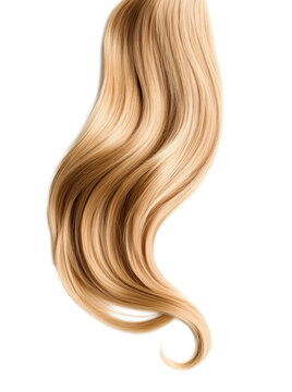 Curly blonde hair isolated on white background. Beautiful healthy long blond hair lock, haircut, hairstyle. Dyed hair or coloring, hair extension, cure, treatment concept.