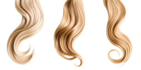 Curly blonde hair isolated on white background. Beautiful healthy long blond hair lock, haircut, hairstyle. Dyed hair or coloring, hair extension, cure, treatment concept.