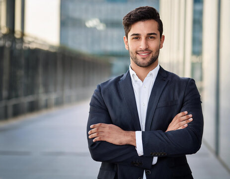 Hombre joven ejecutivo con expresion de &eacute;xito traje y camisa blanca, brazos cruzados para representar liderazgo, &eacute;xito profesional y confianza en el &aacute;mbito empresarial