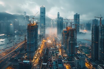 Obraz premium Urban Construction Skyline at Dusk in Foggy City Overlooking Skyscrapers and Cranes