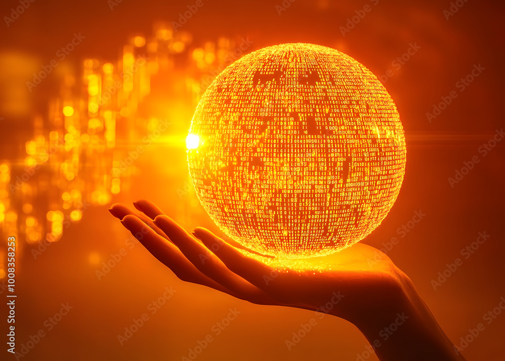 Poster a hand holding a glowing globe made of binary code set against an orange background, illustrating th