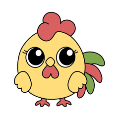 Zodiac Chinese rooster animal of New Year sign icon. Asian kawaii cute style isolated illustration of mascot chick. Adorable yellow chicken with big eyes stay and smiling on the white background.