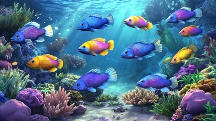 Obraz premium A school of colorful fish swim through a vibrant coral reef.