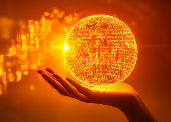 A hand holding a glowing globe made of binary code set against an orange background, illustrating the concept of global data transfer and connectivity in a digital world