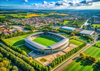 Aerial View of a Modern Sports Stadium Surrounded by Green Fields and Urban Architecture in Daylight