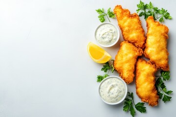 Crispy golden fried fish with lemon tartar sauce on white background