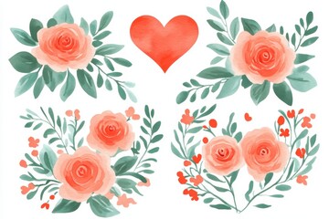 Watercolor floral arrangement with heart roses for romantic design