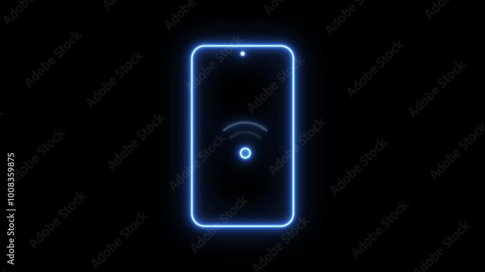 Poster glowing neon line smart-phone with free wi-fi wireless connection icon isolated on black background.