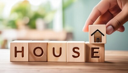 A hand is holding a block of wood with the letters HOUSE on it