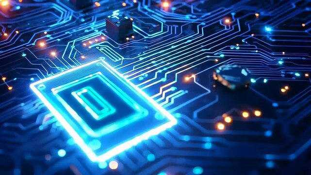 Futuristic circuit board glowing with blue neon lights and intricate electronic pathways, 4k footage