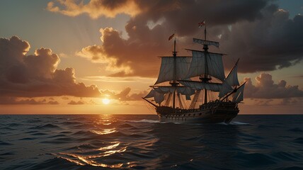 Ancient carrack sailing ship navigating calm ocean at sunset.
