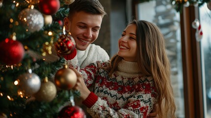 A couple is decorating a Christmas tree with ornaments