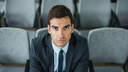 Defeated Businessman in Office, a weary professional slouched in his chair, eyes revealing exhaustion and disappointment, ample space for promotional messaging and branding.