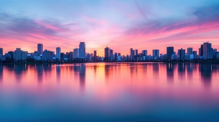 Obraz premium City skyline mirrored in tranquil water, vibrant lights shimmering, creating a captivating duality of urban architecture and serene nature.
