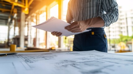 Construction engineer holding paperwork at a construction site