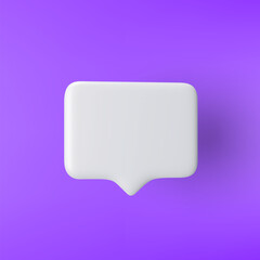 3D white rectangular speech bubble icon on a purple background.