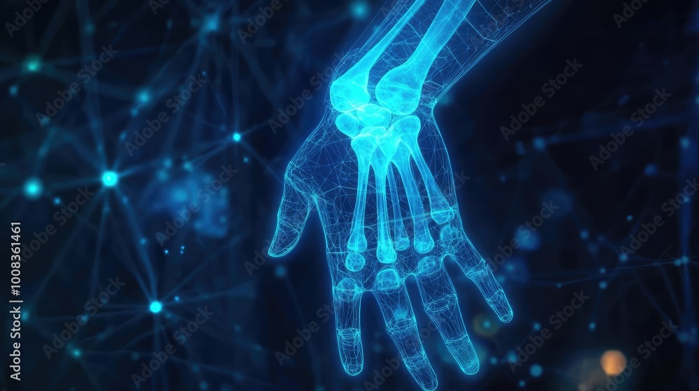 Poster futuristic digital representation of a human hand, showcasing skeletal structure and advanced techno