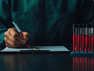 A scientist's hand writing on a research clipboard, with scientific instruments and test tubes visible on the table. Bright lighting, clean background.