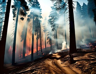 A wildfire sweeping through a dense forest, with towering flames and thick smoke rising into the sky, as animals flee the destruction