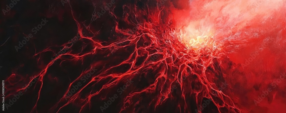 Poster Abstract representation of energy flow displayed in vibrant red hues against a dark background, creating a dynamic visual effect.