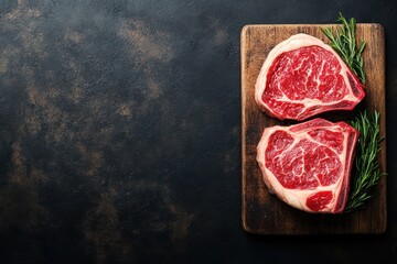 Succulent raw ribeye steaks on wooden board with herbs - Powered by Adobe